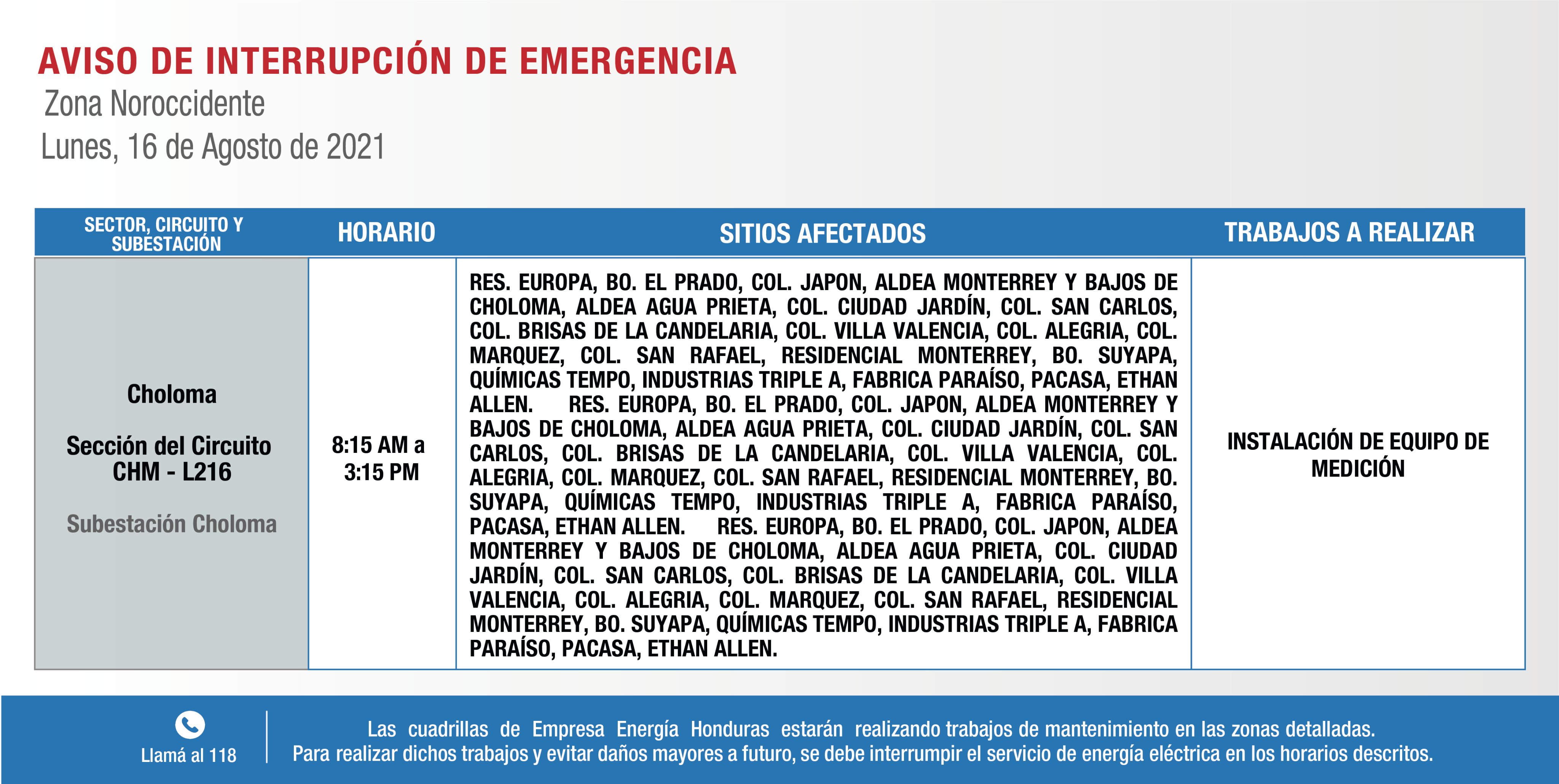 EEH anuncia cortes de energía para este lunes 16 de agosto