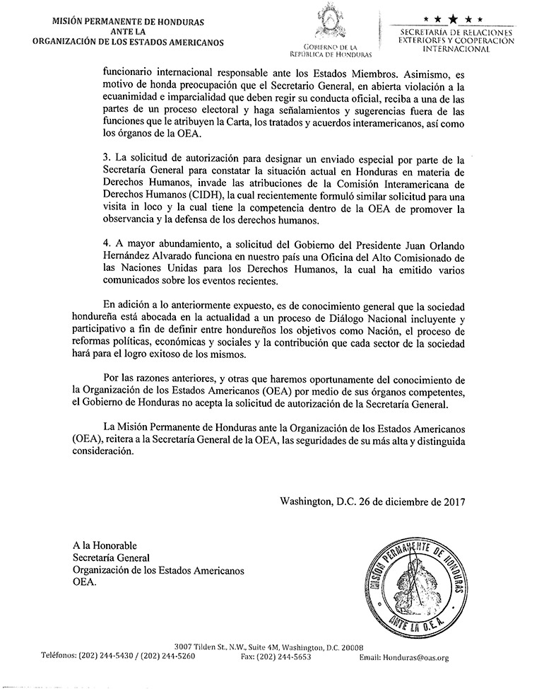 OEA pide a JOH aceptar un delegado para Honduras