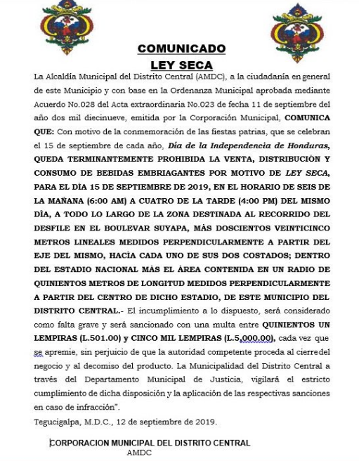 Ley Seca ordenanza Alcaldía Municipal Distrito Central