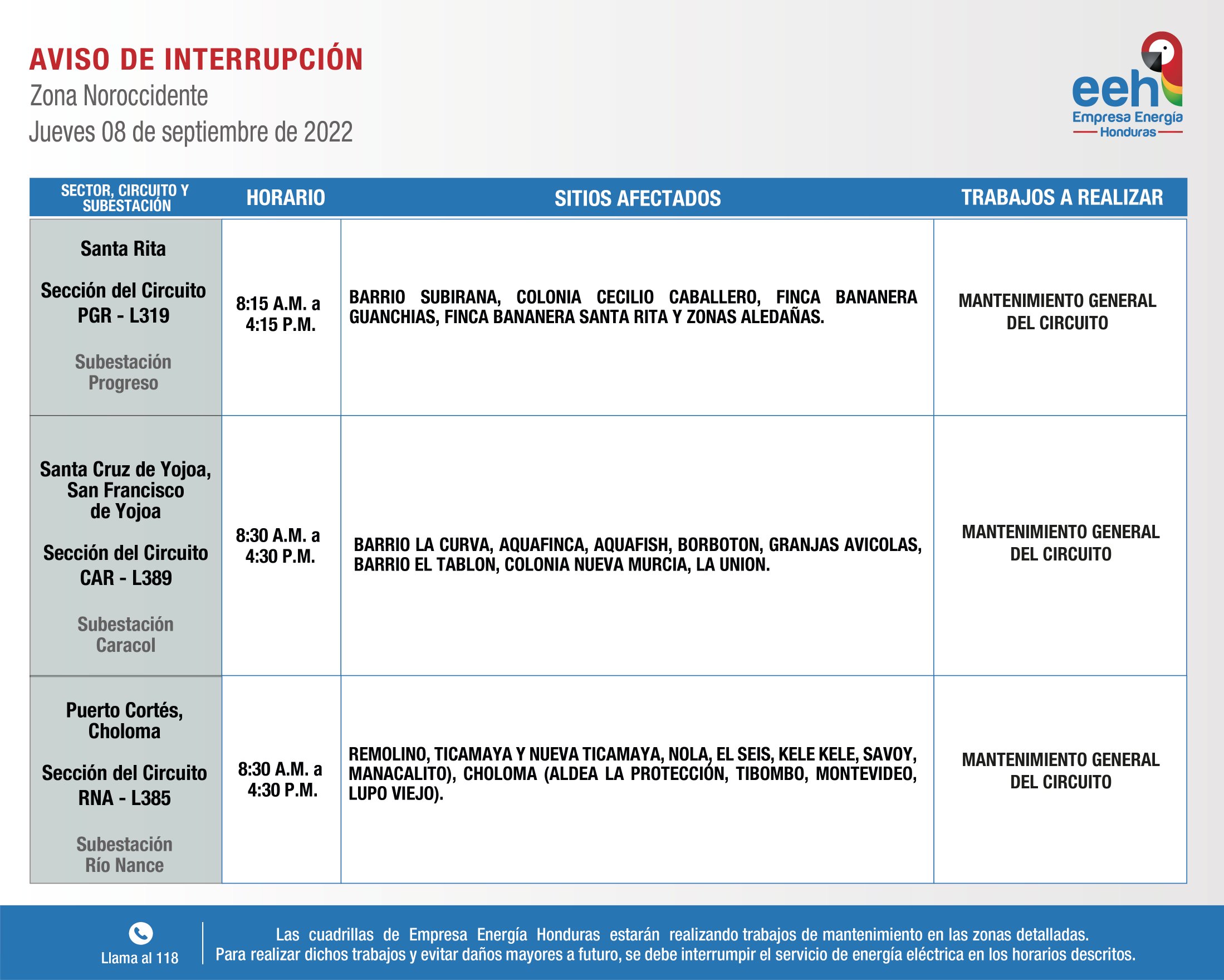 Jueves sin luz! Cortes de energía programados para estas zonas de Honduras