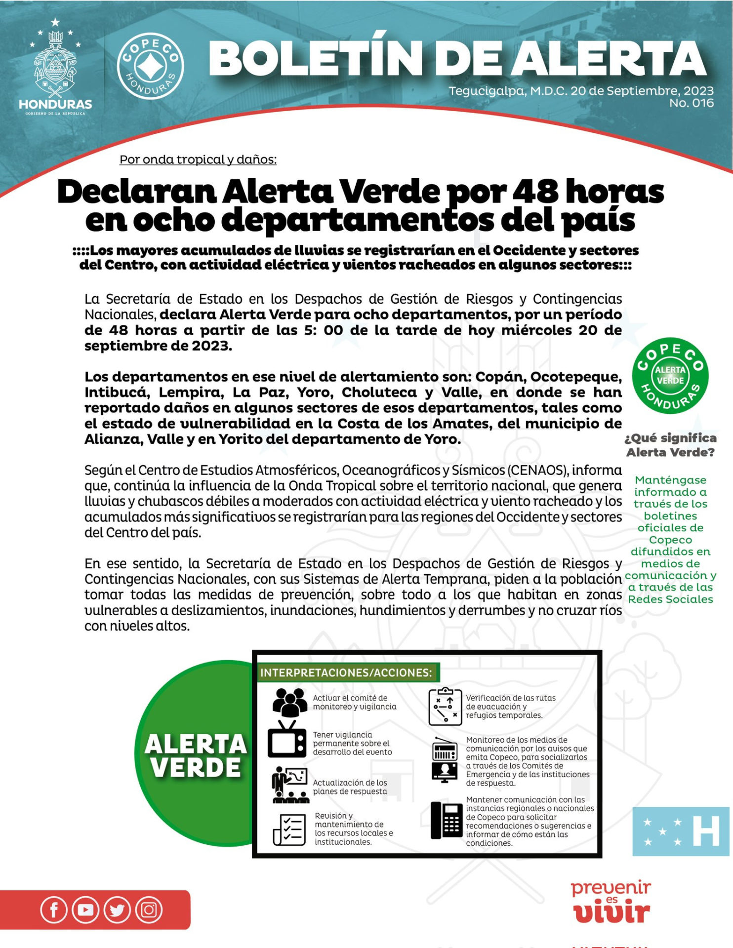 Copeco alerta verde