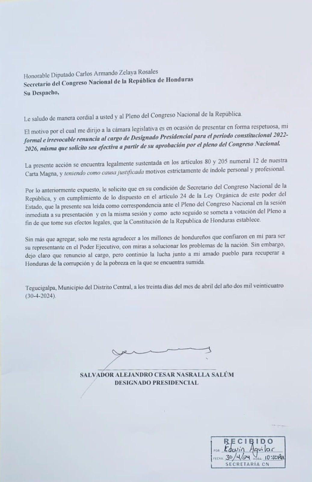 Aceptan renuncia de Salvador Nasralla 