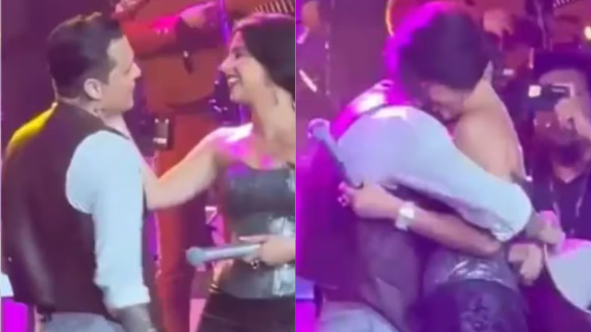 Christian Nodal y Ángela Aguilar se abrazan en el Auditorio Nacional de México. 