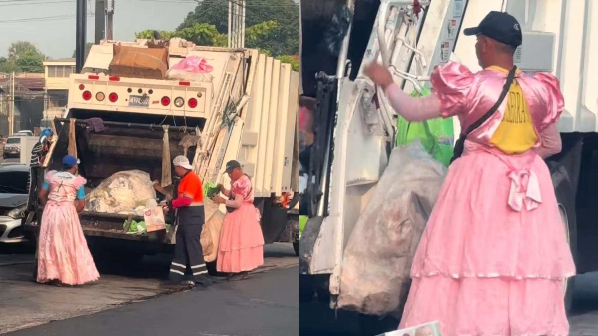 recolectores de basura trabajando con vestidos