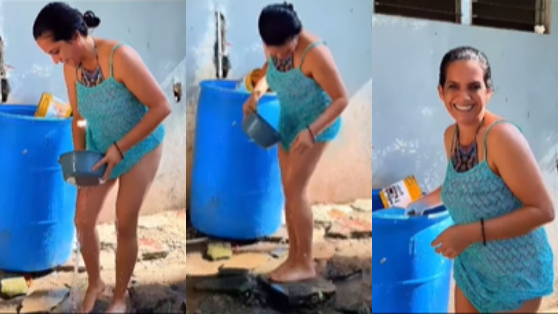 La chef Sandra fue captada bañándose con agua de un barril.