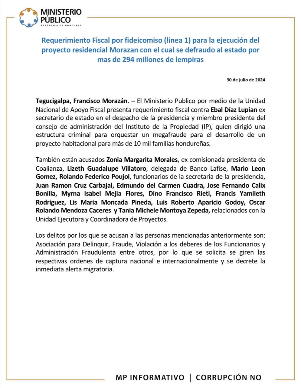 Requerimiento fiscal contra Ebal Díaz por fraude de L 294 millones