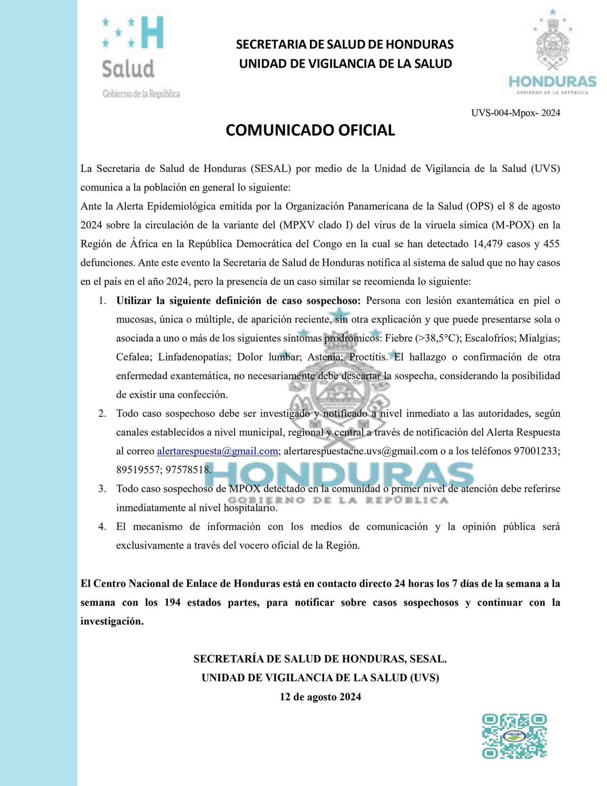 Comunicado de la SESAL acerca de viruela del mono