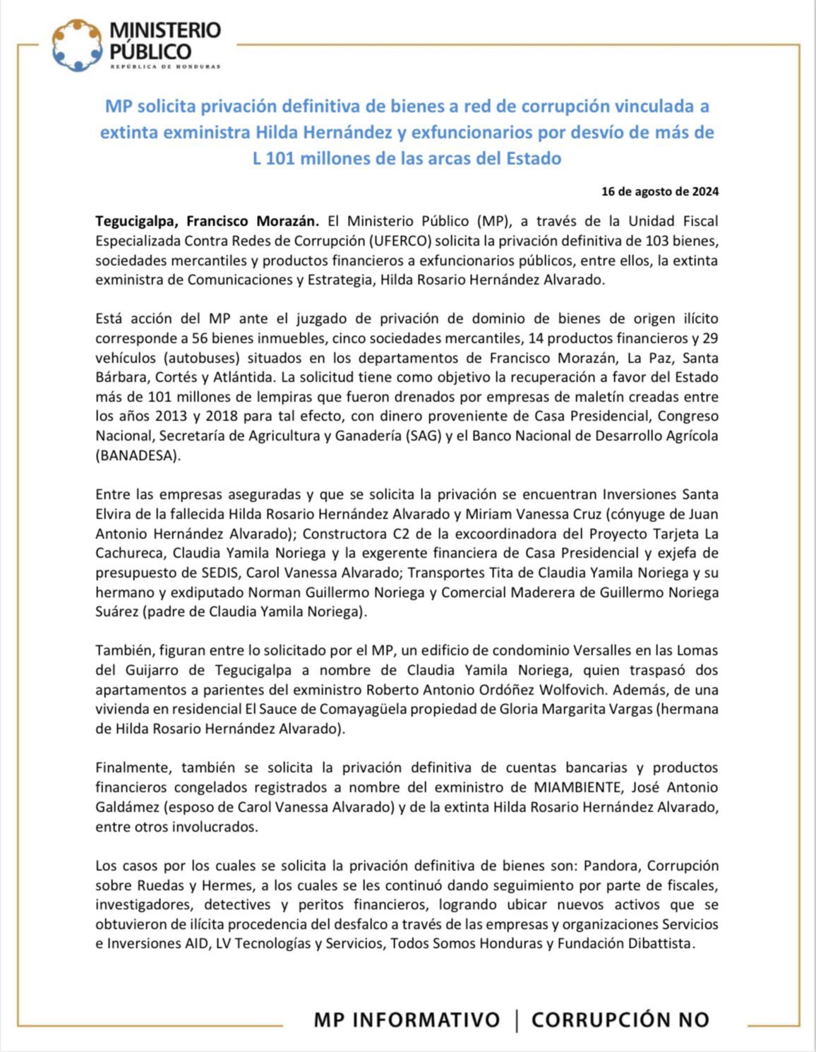 Red de corrupción vinculada a Hilda Hernández: MP solicita privación de bienes por desvió de más de L 101 millones