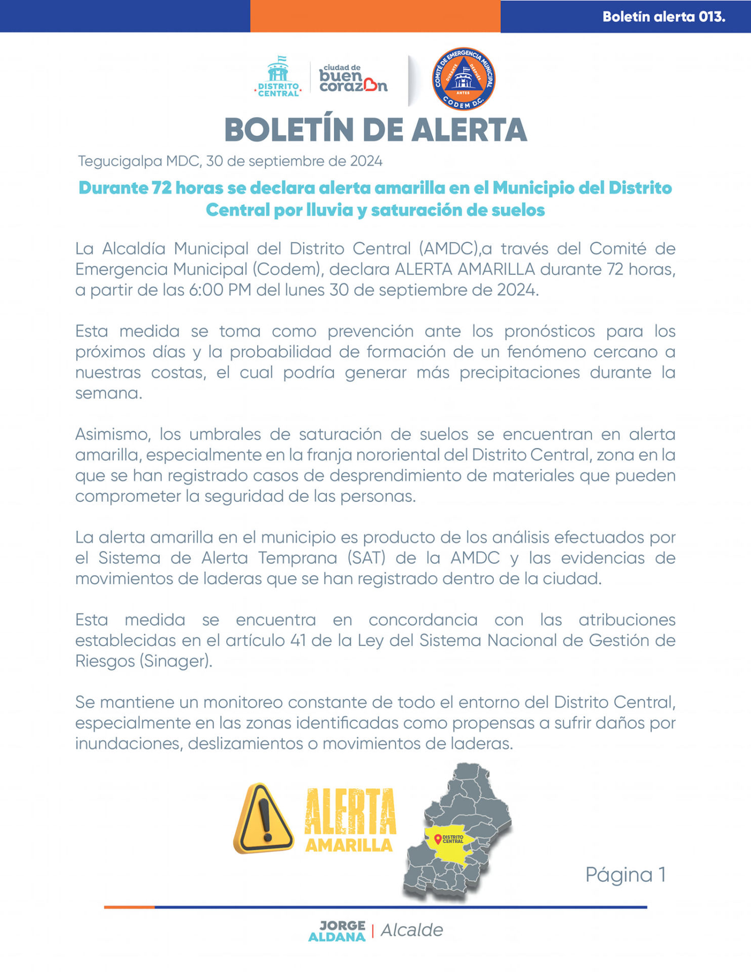 Alcaldía emite alerta amarilla para el Distrito Central por fuertes lluvias