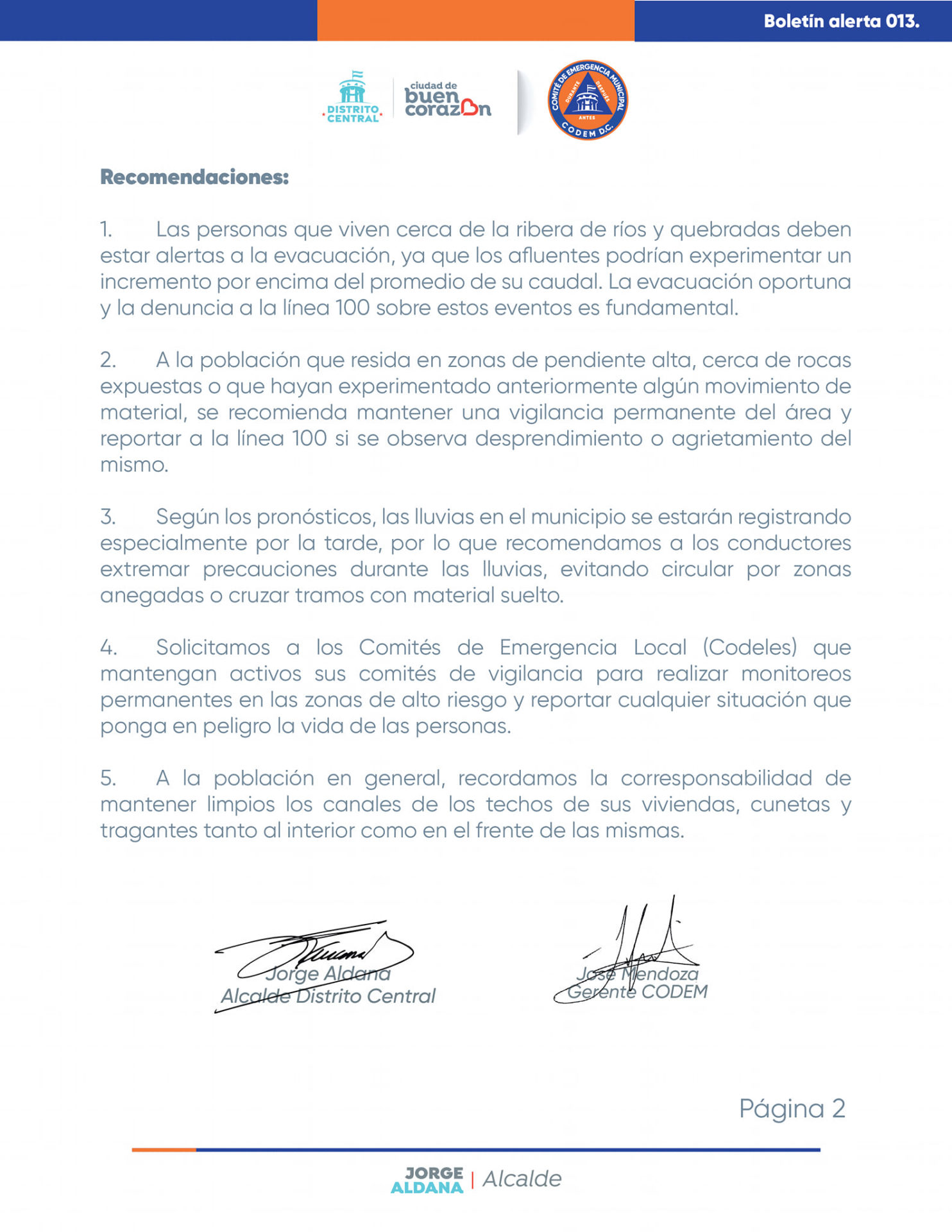 Alcaldía emite alerta amarilla para el Distrito Central por fuertes lluvias