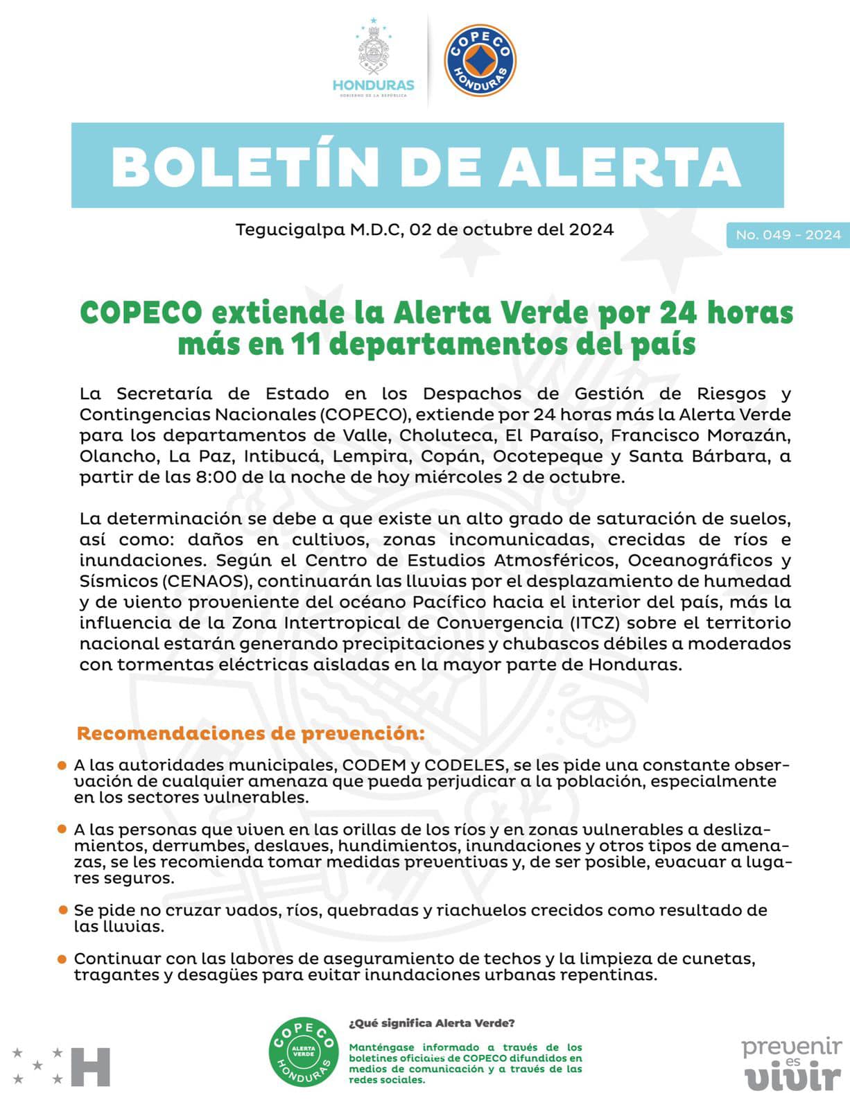 Copeco extienden las alertas en once departamentos por fuertes lluvias en Honduras