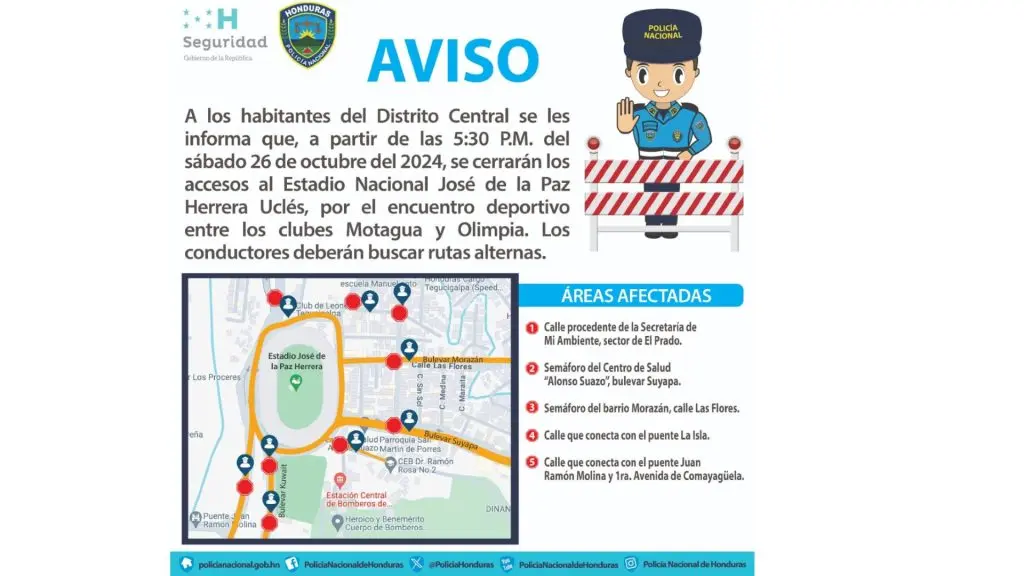 Anuncian calles cerradas en Tegucigalpa para este sábado 26 de octubre