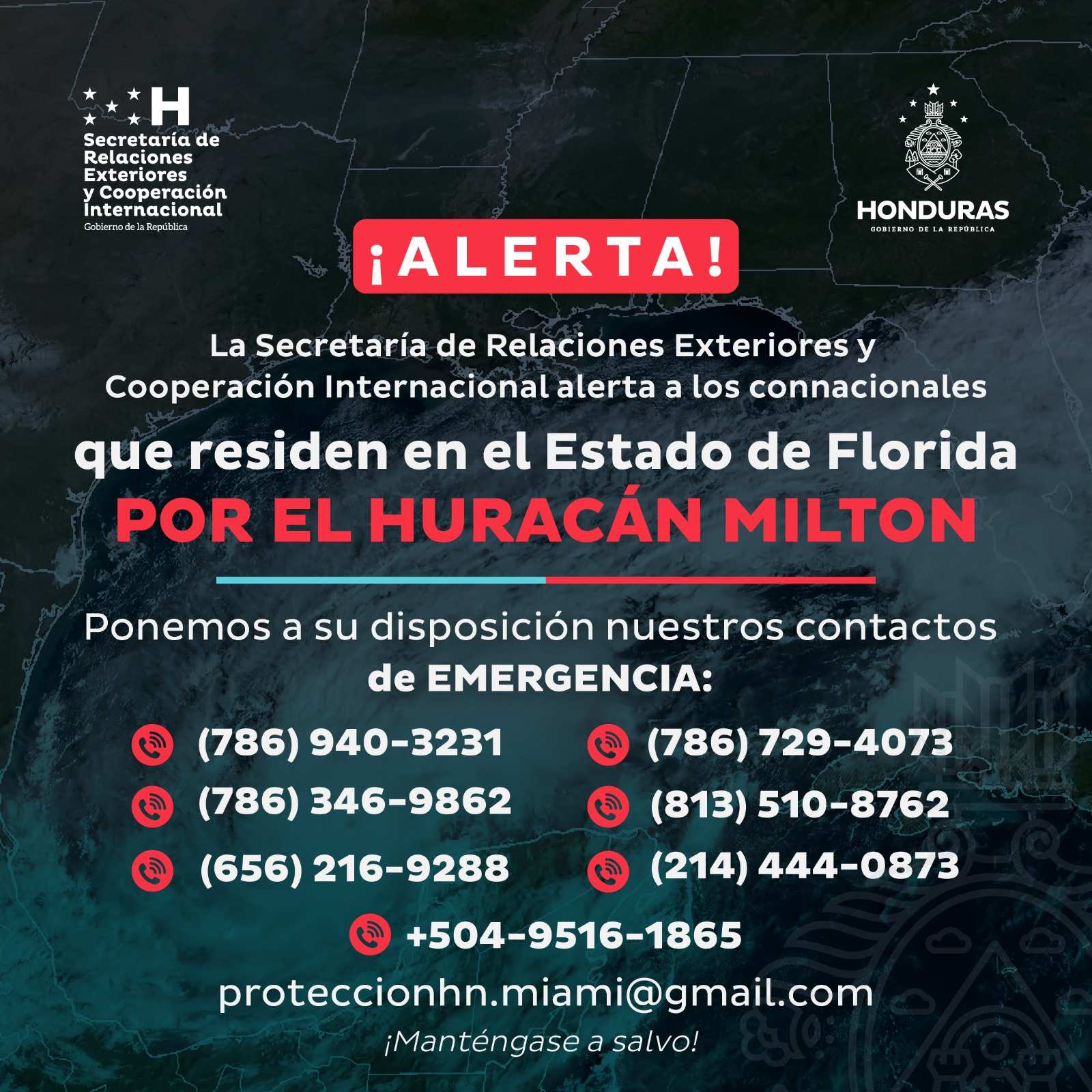 Cancillería habilita números de emergencia ante llegada de huracán Milton
