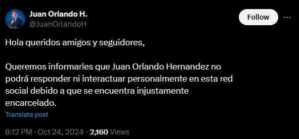 Expresidente Juan Orlando Hernández reaparece en redes sociales