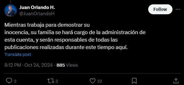 Expresidente Juan Orlando Hernández reaparece en redes sociales