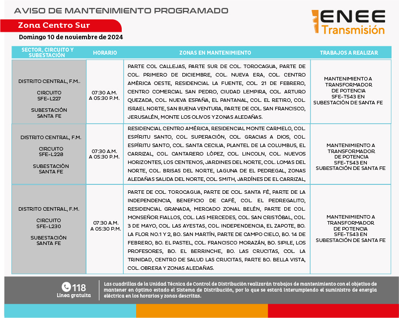 Mantenimientos de energía para el domingo 10 de noviembre