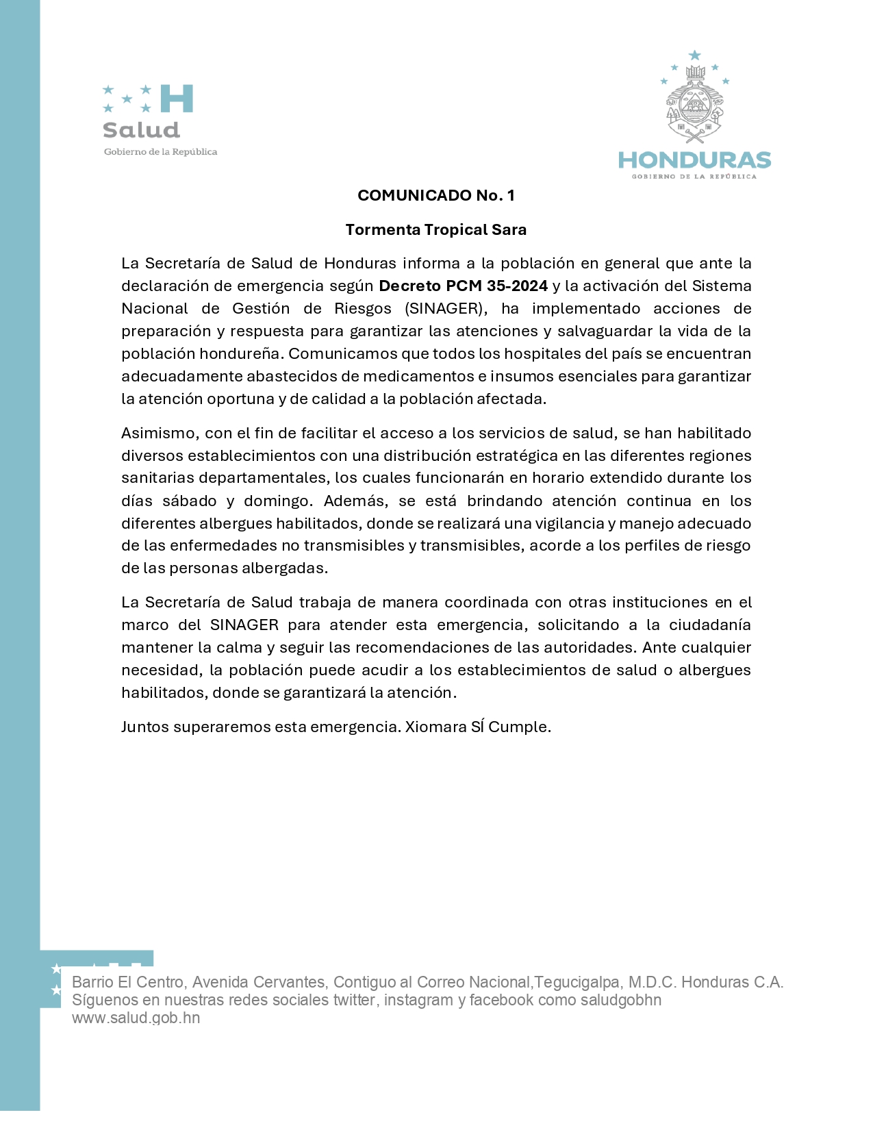 Tormenta tropical Sara: centros asistenciales disponibles