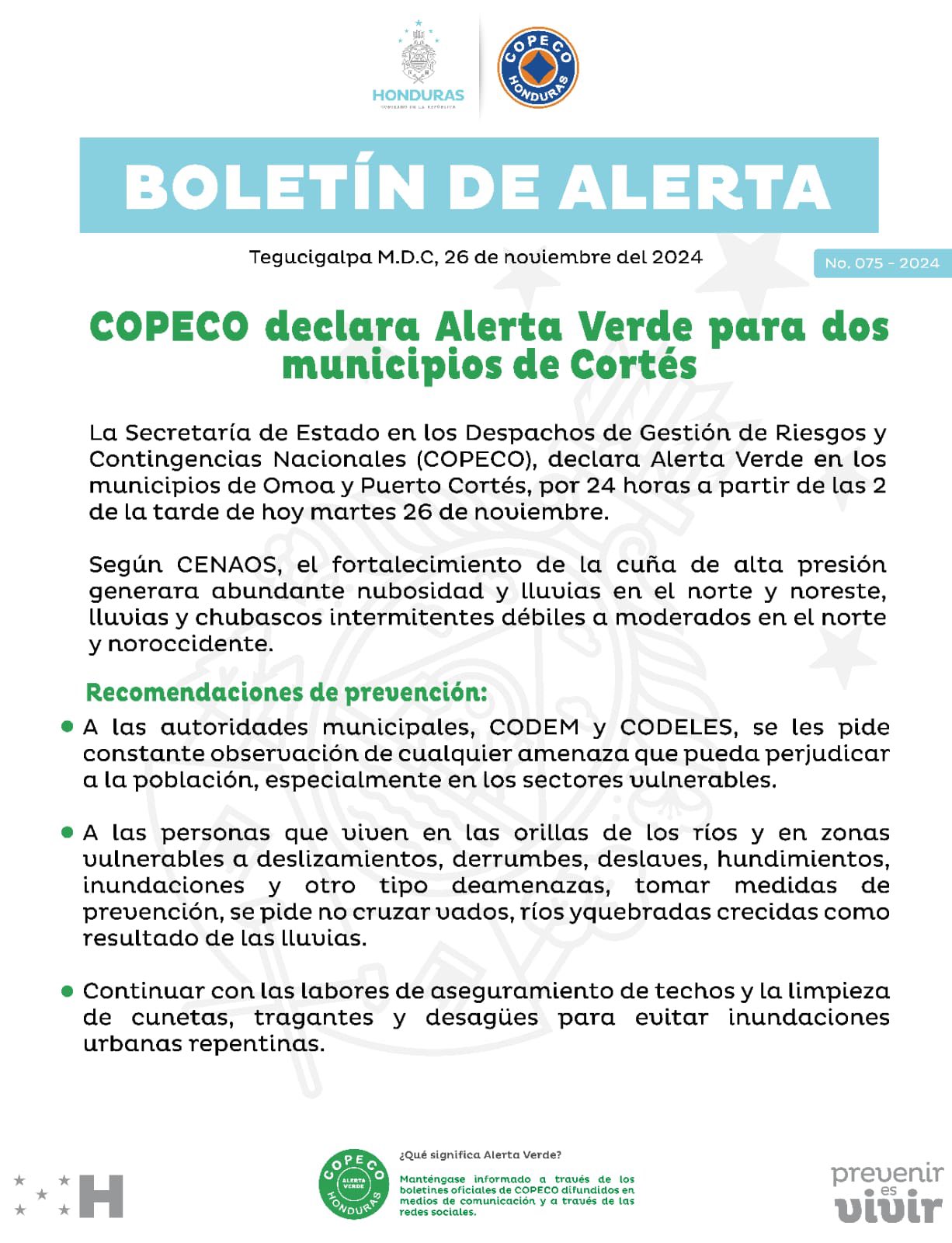 Emiten alerta verde para dos municipios de Cortés por fuertes lluvias registradas en Honduras