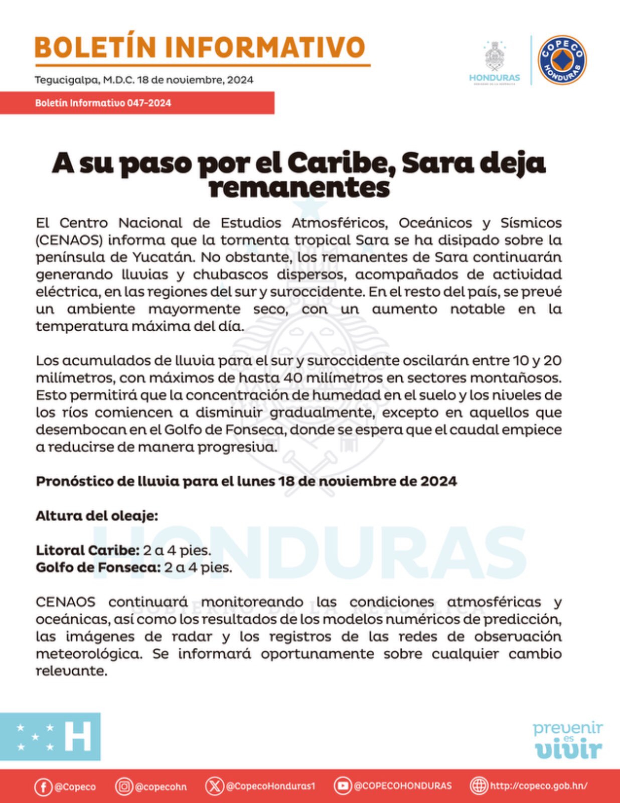 Depresión tropical Sara: remanente dejarán lluvias en Honduras