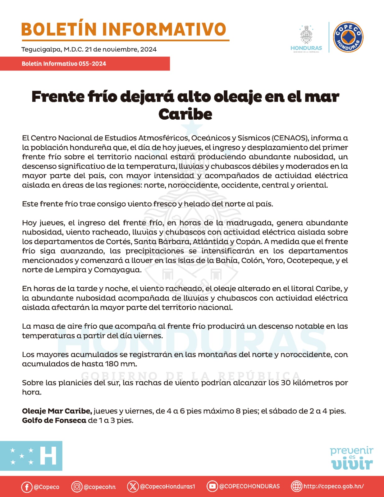 Frente frío en Honduras: departamentos con lluvias