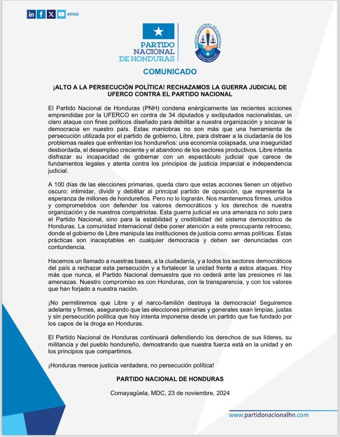 Partido Nacional denuncia "persecución política" por parte de la UFERCO para "intimidar y debilitar" la institución