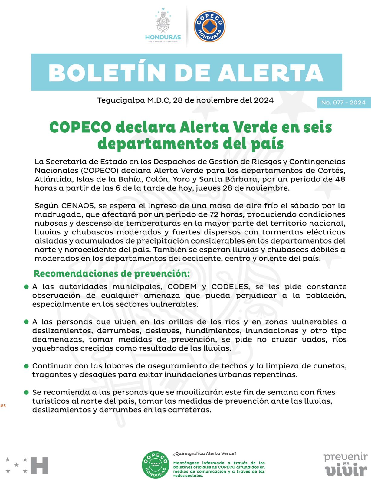 Emiten alerta para seis departamentos de Honduras por bajas temperaturas y lluvias