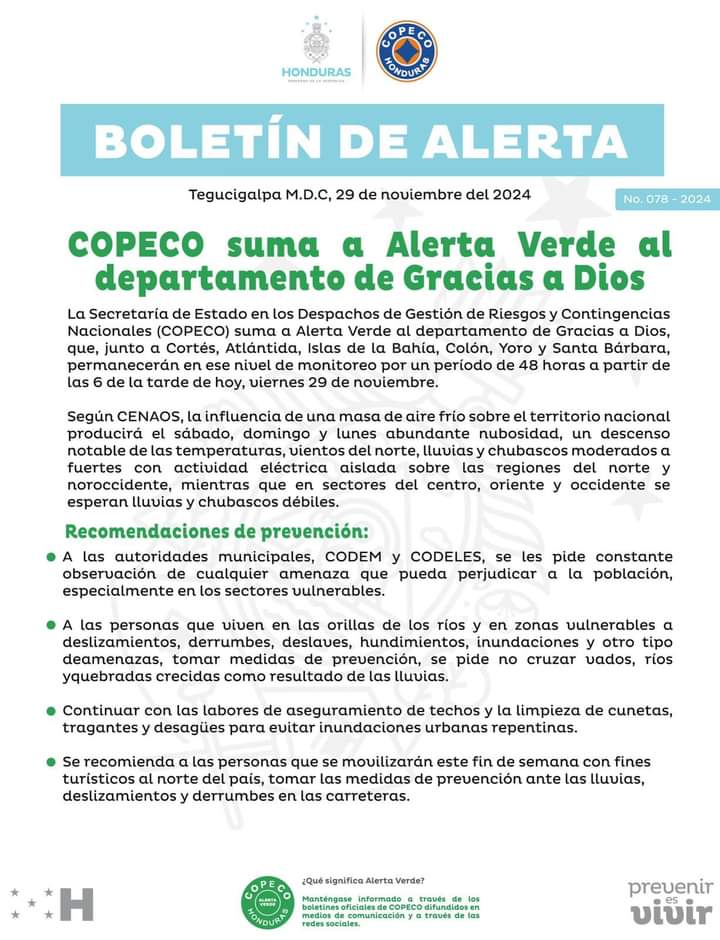 Añaden otro departamento de Honduras a la alerta verde por lluvias y bajas temperaturas