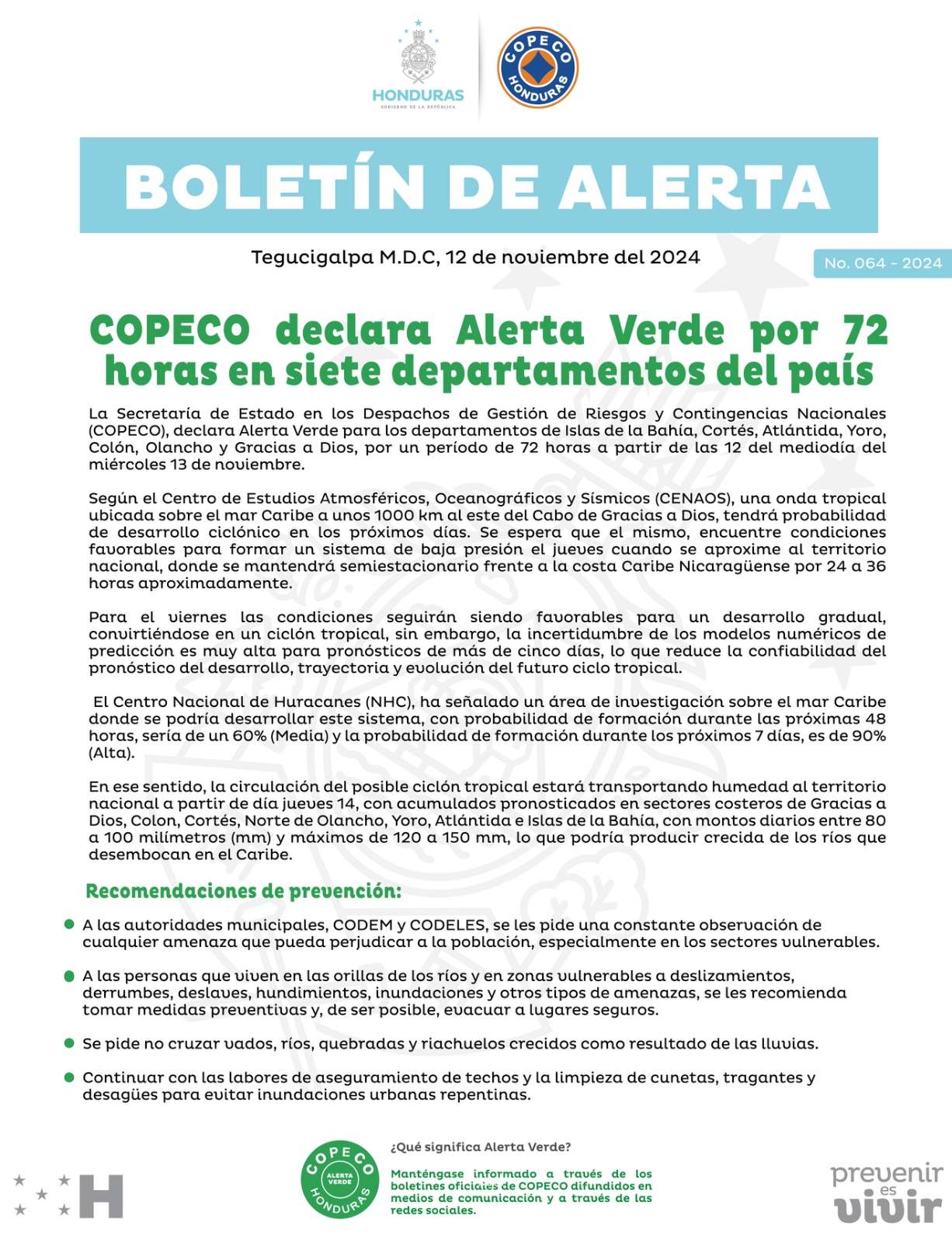 alerta verde en Honduras