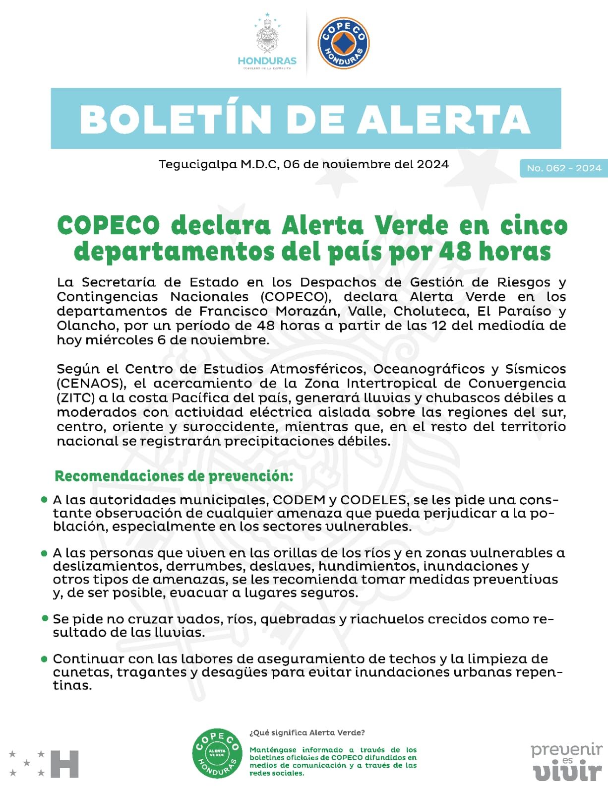 alerta verde en Honduras