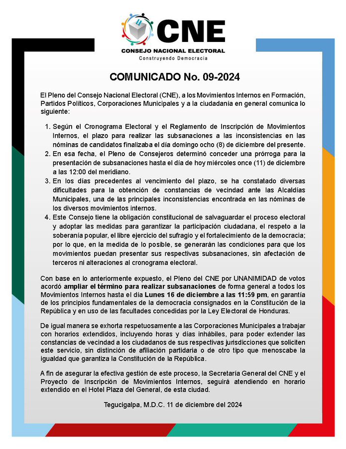 Elecciones en Honduras: extienden plazo subsanación nóminas