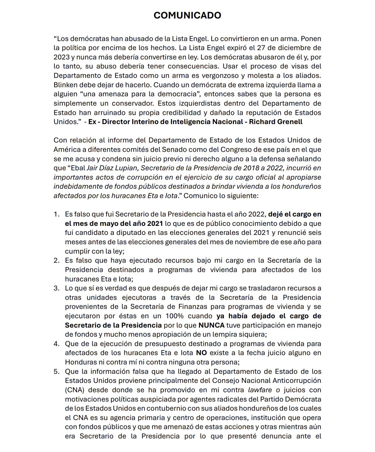 Ebal Díaz responde a su inclusión en la Lista Engel 2024 y niega acusaciones de corrupción