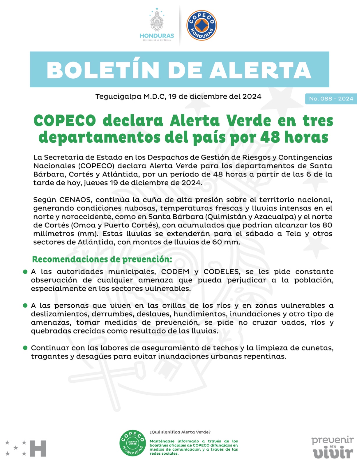 Emiten alerta para tres departamentos de Honduras por intensas lluvias