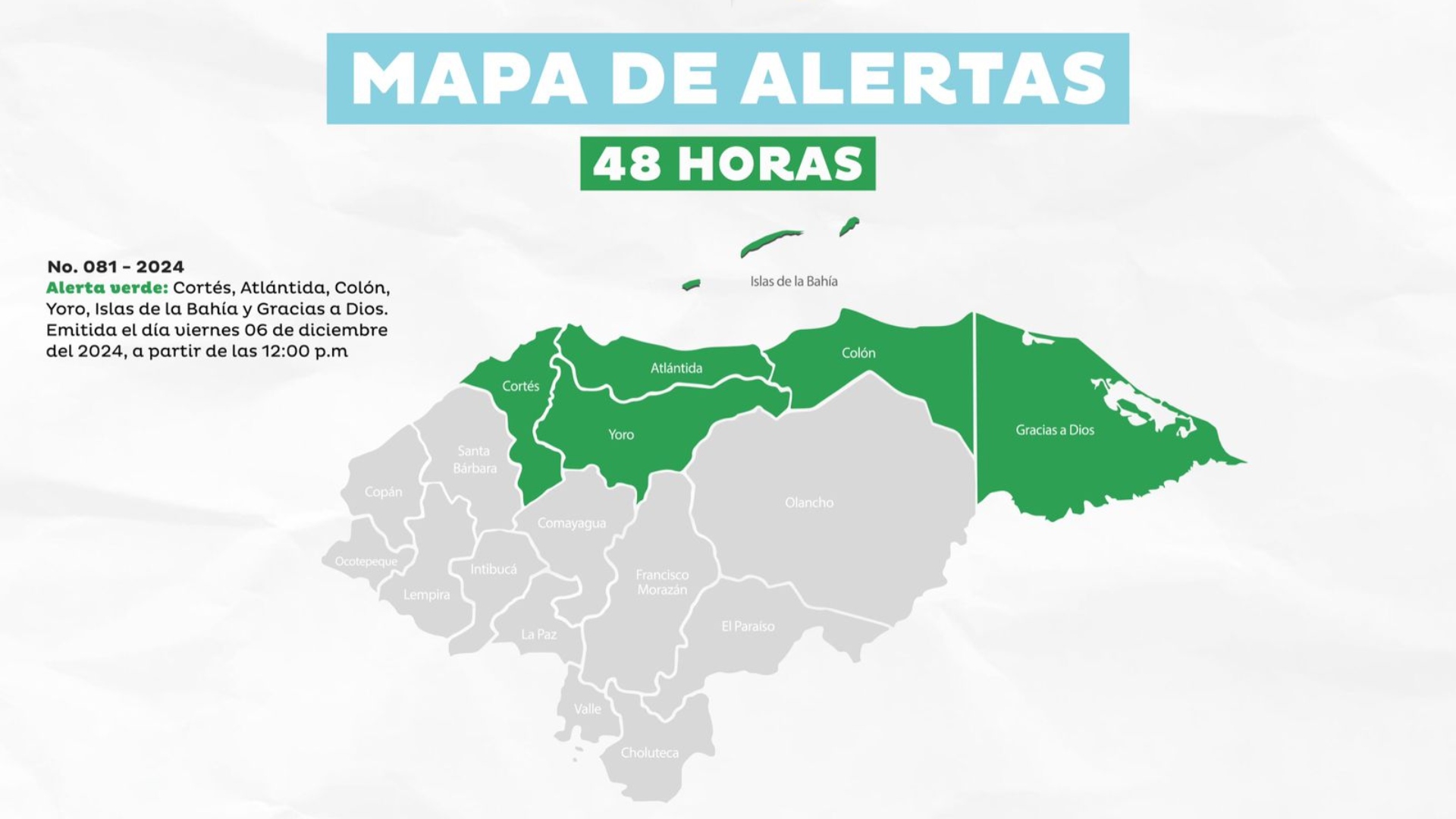 COPECO emite Alerta Verde para seis departamentos de Honduras por 48 horas