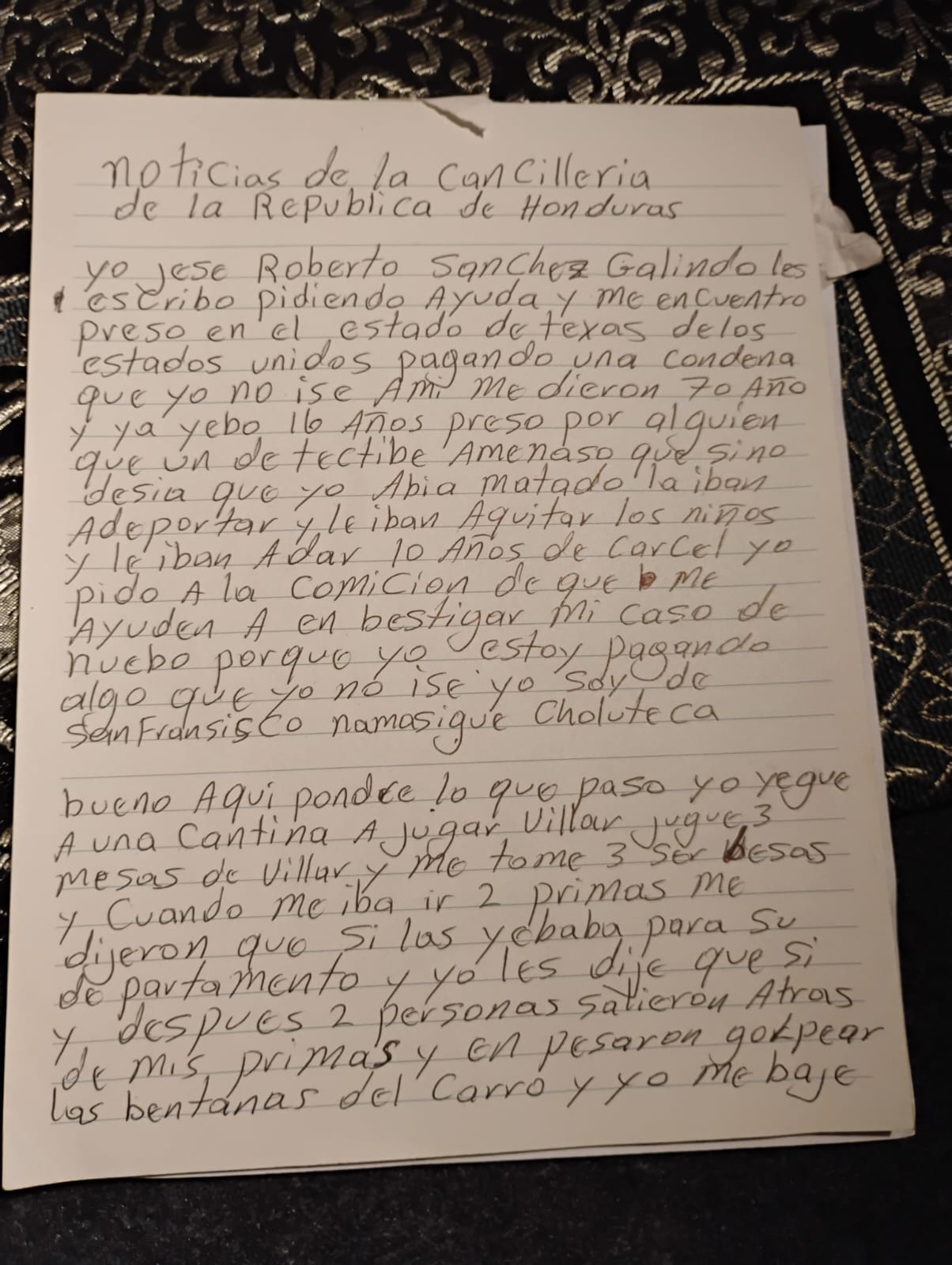 Hondureño preso en Estados Unidos pide clemencia a la cancillería de Honduras