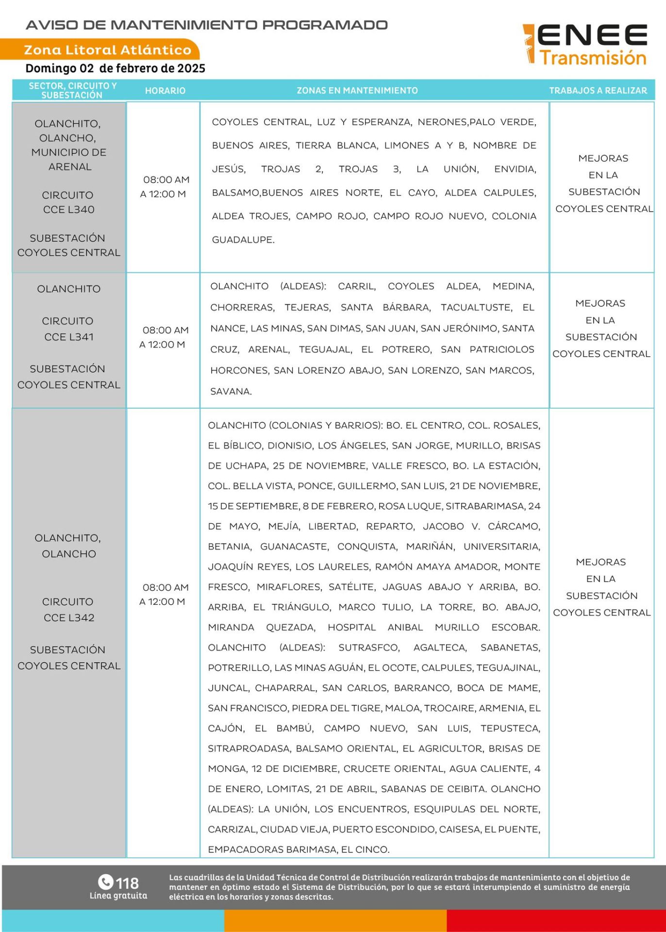 Zonas donde habrán mantenimientos de energía el domingo 2 de febrero