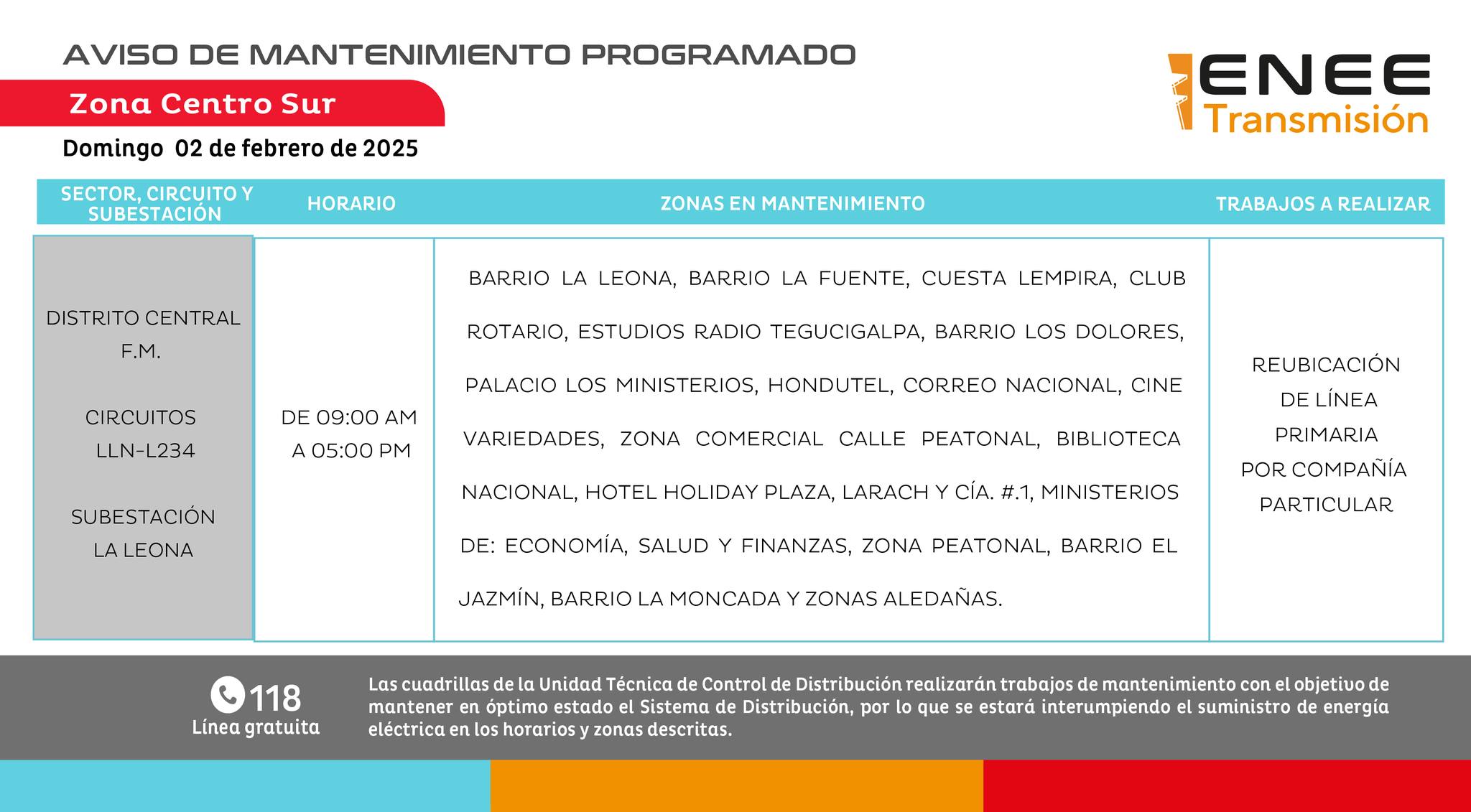 Zonas donde habrán mantenimientos de energía el domingo 2 de febrero