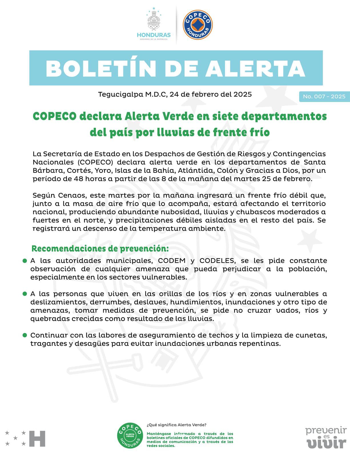 Emiten alerta para siete departamentos de Honduras por lluvias y frente frío