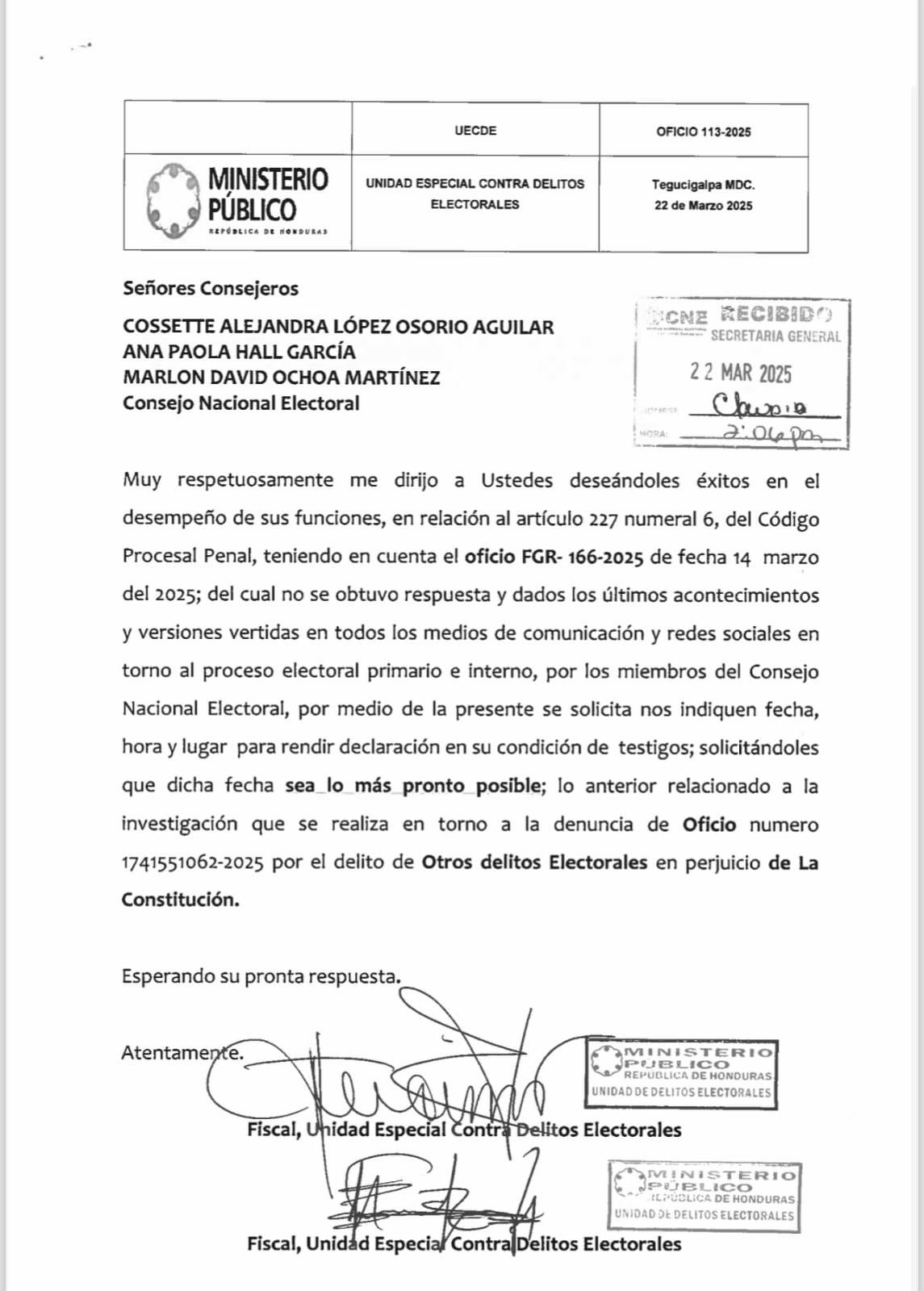 Fiscalía cita a consejeros del CNE en investigación por elecciones primarias