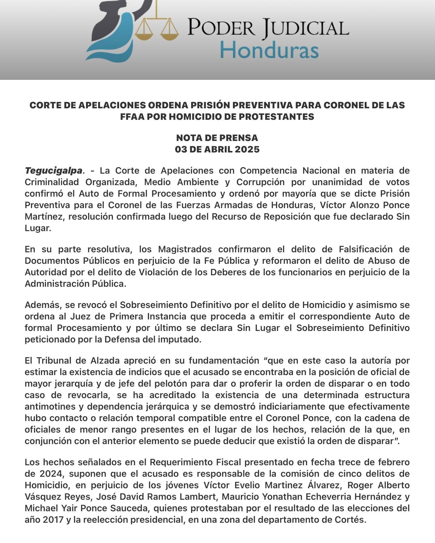 Ordenan prisión preventiva al coronel de las FFAA por responsabilidad en homicidio de protestantes