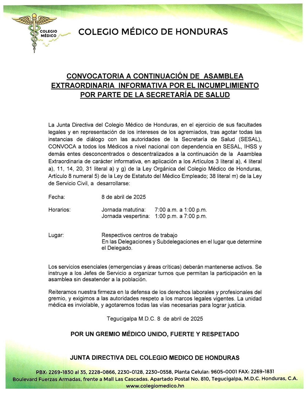 Asamblea comunicado Asambleas informativas Sesal