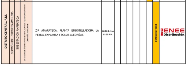 Zonas sin energía eléctrica el domingo 27 de abril en Tegucigalpa