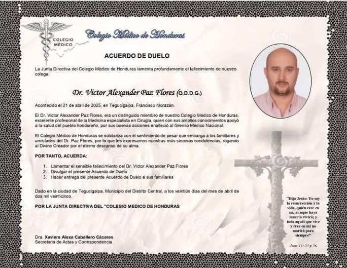 Nota de duelo, Colegio Medico de Honduras