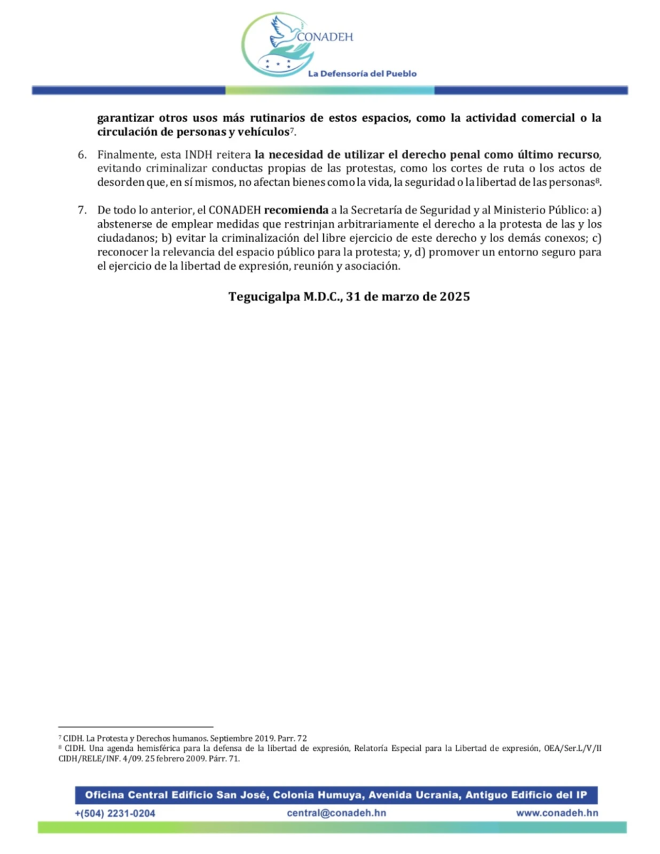 Comunicado emitido por Conadeh sobre las medidas tomadas por la Secretaria de Seguridad
