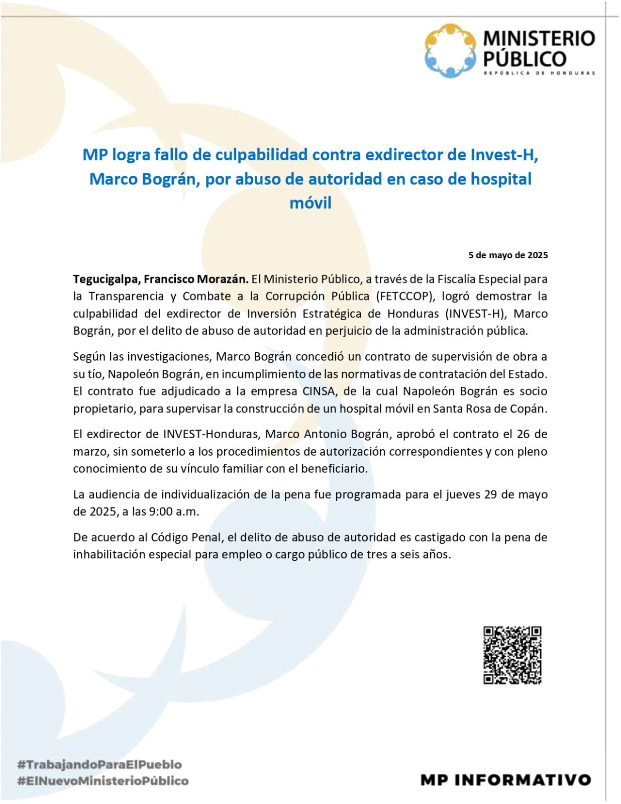 MP logra fallo contra de culpabilidad contra Marco Bográn en caso de hospital móvil