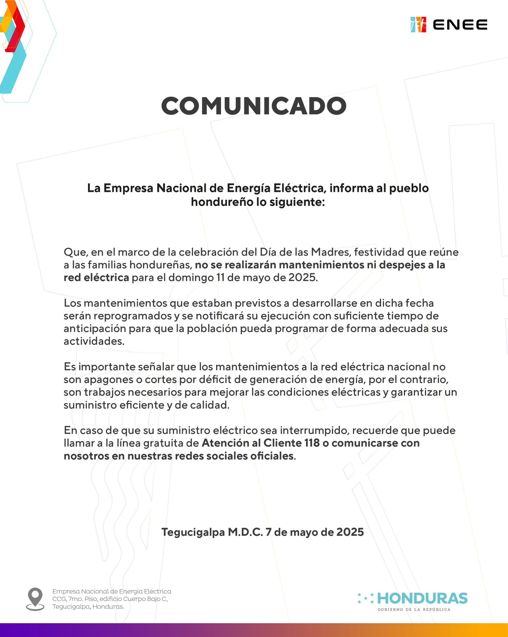 ¿Habrán cortes de energía en Honduras durante el Día de la Madre?