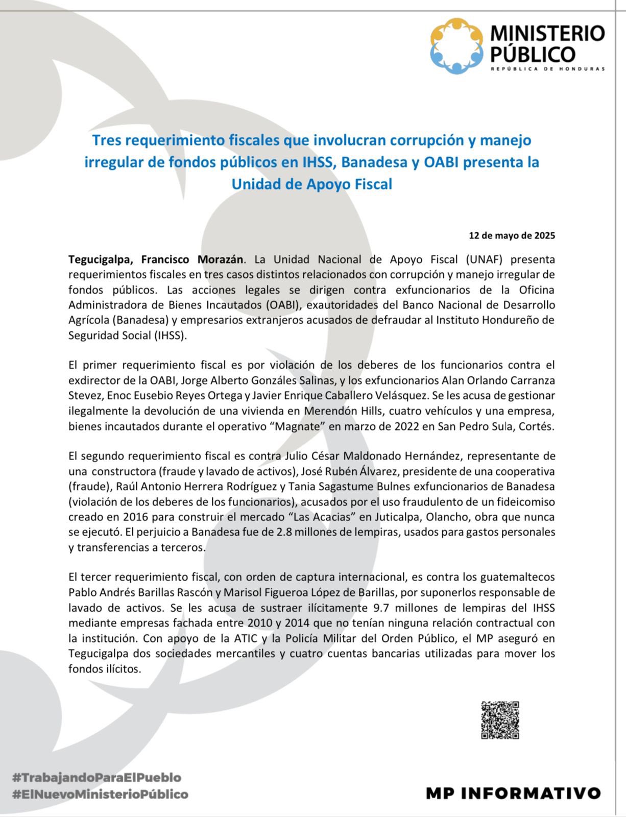 Comunicado del Ministerio Público sobre los tres requerimientos fiscales a instituciones