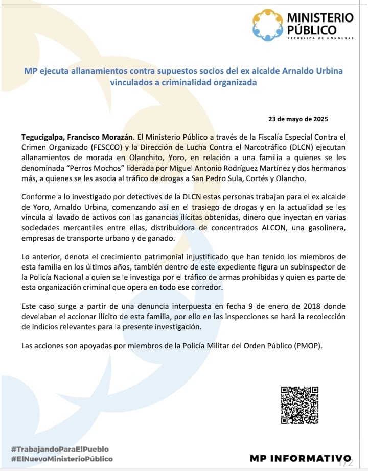 Arnaldo Urbina MP ejecuta allanamientos contra red vinculada al narcotráfico y al exalcalde Arnaldo Urbina