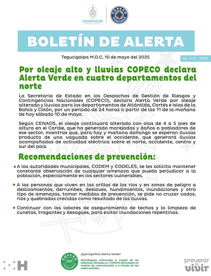 Departamentos en alerta verde por lluvias en Honduras
