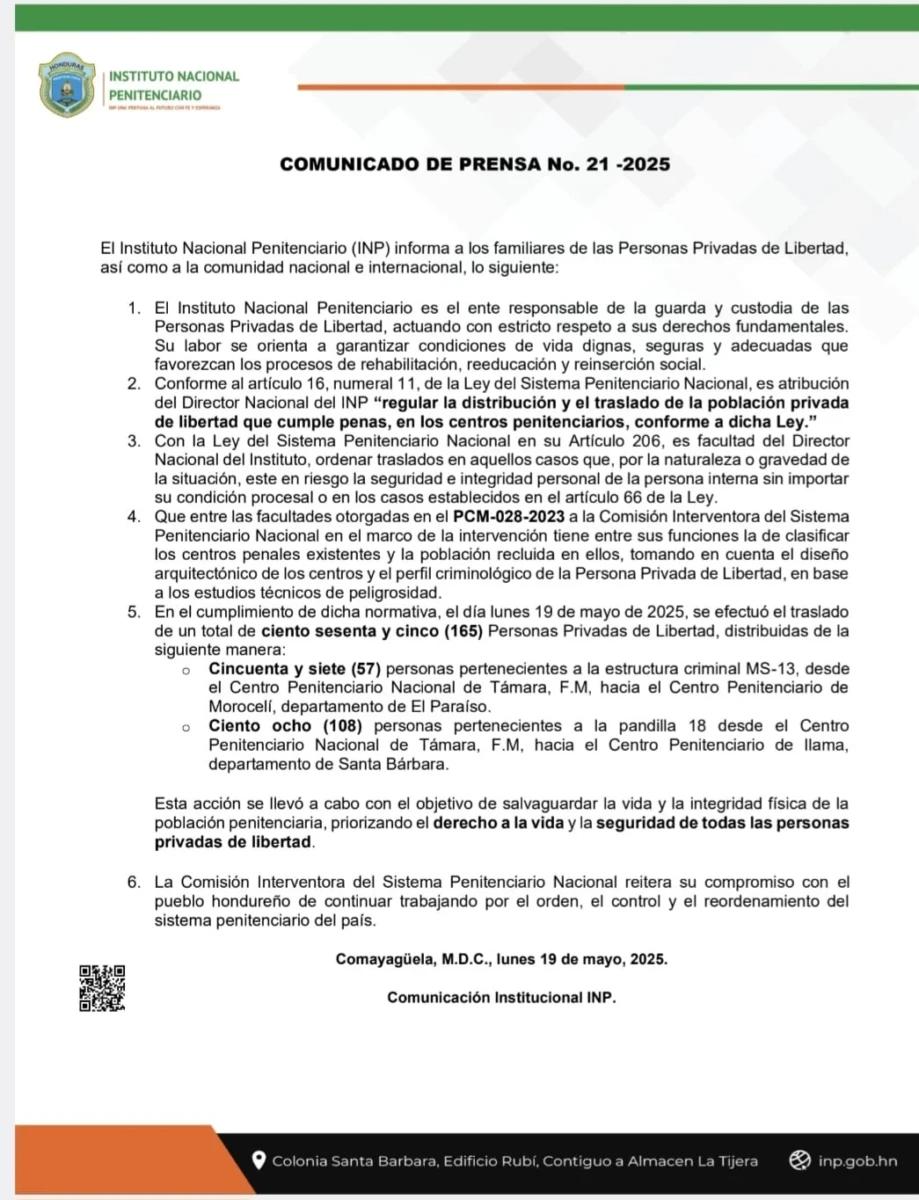 Comunicado del Instituto Nacional Penitenciario