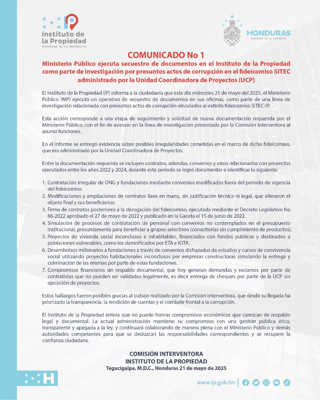 IP ATIC allana el Instituto de la Propiedad por investigación de manejo de fondos durante gestión de Darío García